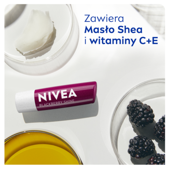 NIVEA Blackberry Shine pielęgnująca pomadka do ust, purpurowa, z jeżynami, masłem shea i witaminami C+E.