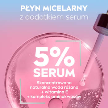 NIVEA Płyn micelarny 5% serum z różaną wodą i witaminą E, zbliżenie na różowy płyn i pipetę.