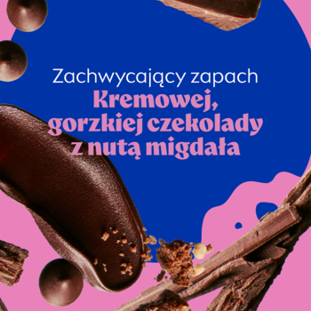 Żel pod prysznic o zapachu gorzkiej czekolady z migdałem. Grafika z czekoladą, migdałami i różowo-niebieskim tłem.