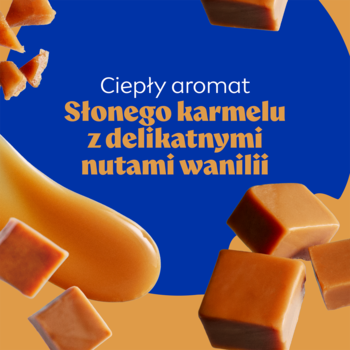 Zdjęcie żelu pod prysznic o aromacie słonego karmelu z wanilią: kostki i płynny karmel, tekst o zapachu.