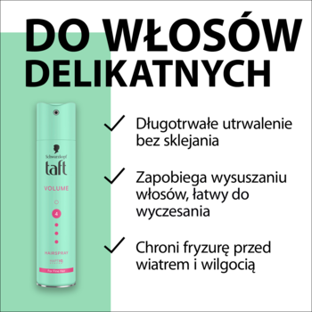 Schwarzkopf Taft Volume lakier do włosów delikatnych, turkusowa butelka, napis 'DO WŁOSÓW DELIKATNYCH'.