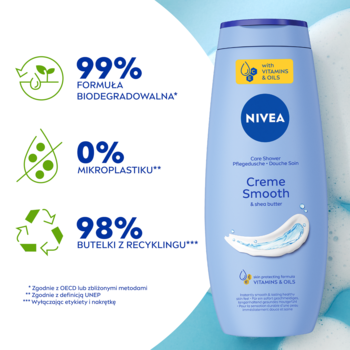NIVEA Creme Smooth żel pod prysznic, niebieska butelka z opisem 99% biodegradowalności i 0% mikroplastiku.