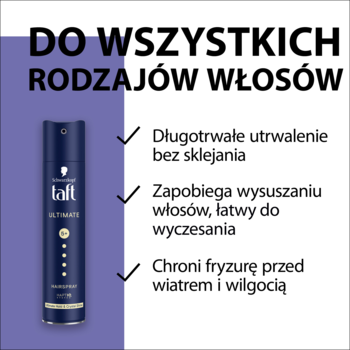Lakier Schwarzkopf Taft Ultimate w granatowej puszce, dla wszystkich typów włosów, poziom 5+, chroni przed wiatrem i wilgocią.