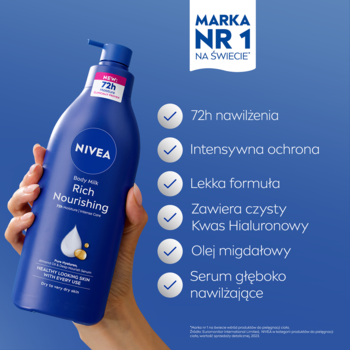 Ręka trzyma granatowe mleczko NIVEA Rich Nourishing z pompką, widok z przodu, obok lista korzyści.