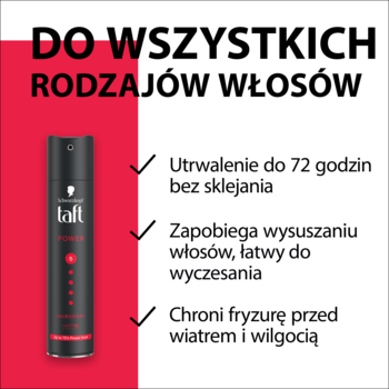Czarno-czerwony lakier do włosów Schwarzkopf Taft Power, widok z przodu, z opisem 72h utrwalenia i ochrony.