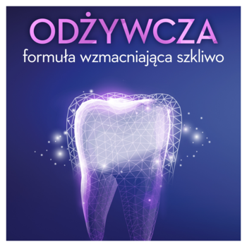 Fioletowo-niebieska grafika: świecący, geometryczny ząb z napisem 'ODŻYWCZA formuła wzmacniająca szkliwo'.