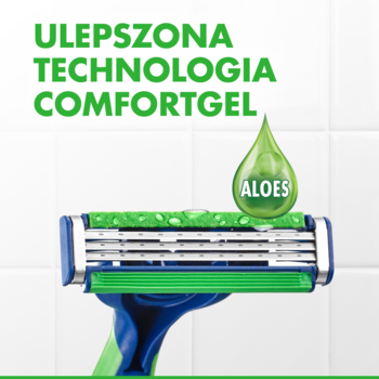 Gillette Blue3 maszynka jednorazowa z 3 ostrzami, zielonym paskiem ComfortGel z aloesem, z bliska.
