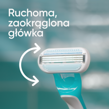 Maszynka Venus Tropical: zbliżenie na tealowo-białą, obrotową główkę z 3 ostrzami i paskiem aloesu.