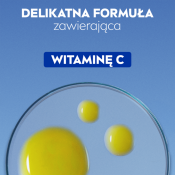 DELIKATNA FORMUŁA NIVEA z Witaminą C, żółte krople w szalce Petriego na błękitnym tle, dla płynu do demakijażu.