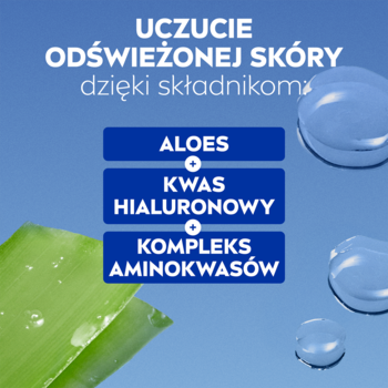 Grafika NIVEA płyn micelarny: aloes, kwas hialuronowy, kompleks aminokwasów. Dla uczucia odświeżonej skóry.