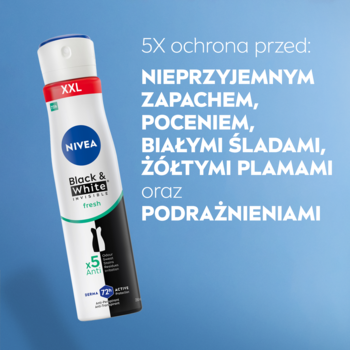 Damski antyperspirant NIVEA Black & White Fresh XXL, 5X ochrona przed plamami i potem, na niebieskim tle, pod kątem.