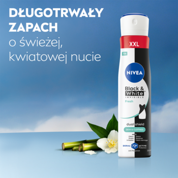 NIVEA Black & White Fresh antyperspirant spray XXL na tle błękitnego nieba z bambusem i orchideą.