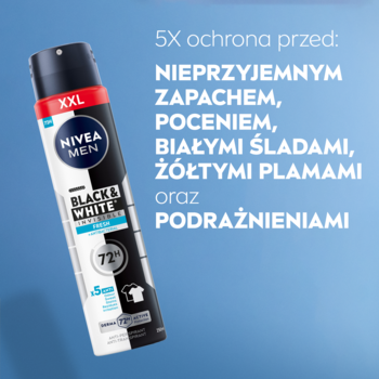 NIVEA MEN Black & White Fresh antyperspirant XXL, czarno-biały spray, 5x ochrona, 72h, na niebieskim tle.