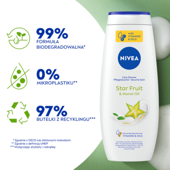 NIVEA Star Fruit & Monoi Oil żel pod prysznic, biała butelka, 99% biodegrad., 0% mikroplastiku, front.