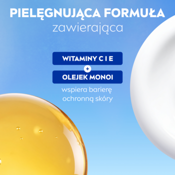 NIVEA Żel pod prysznic Star Fruit & Monoi Oil. Grafika z tekstem: witaminy C+E, olejek monoi wspierają barierę.