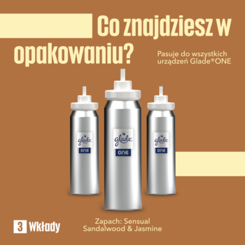 Glade ONE Sensual Sandalwood & Jasmine: 3 srebrne wkłady uzupełniające na brązowym tle, widok z przodu.