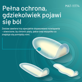 Compeed plastry hydrokoloidowe na pęcherze. Pełna ochrona przed bólem, trzy kształty na turkusowym tle.