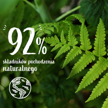 Zielona paproć na tle innych roślin. Biały napis: 92% składników pochodzenia naturalnego, obok logo Ziemi.