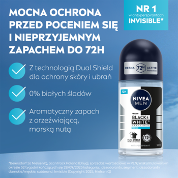 NIVEA MEN Black & White Fresh Antyperspirant roll-on 72h, przezroczysta butelka, bez białych śladów, widok z przodu.