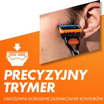 Gillette Fusion5 z precyzyjnym trymerem. Mężczyzna goli policzek. Pomarańczowy grafik 'PRECYZYJNY TRYMER'.