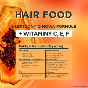 Ulotka maski Garnier Fructis Papaya Hair Food, nowa formuła z witaminami C, E, F i tabelą składników.
