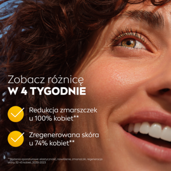 Uśmiechnięta kobieta na reklamie NIVEA Q10, obok tekst o redukcji zmarszczek w 4 tygodnie.
