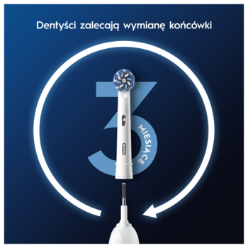 Oral-B Sensitive Clean końcówka do szczoteczki elektrycznej, zalecana wymiana co 3 miesiące. Biała, na ciemnym tle.