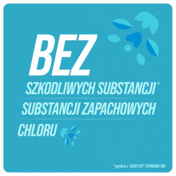 Niebieski badge o.b. ProComfort: 'BEZ SZKODLIWYCH SUBSTANCJI, SUBSTANCJI ZAPACHOWYCH, CHLORU' z kroplami.