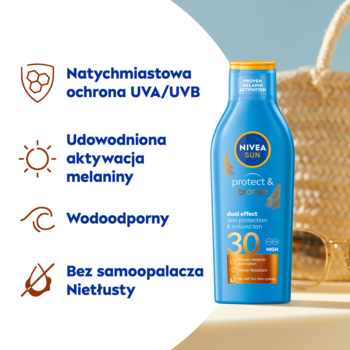NIVEA SUN Protect & Bronze SPF 30, niebieski balsam do opalania aktywujący melaninę, z boku, na tle plaży.