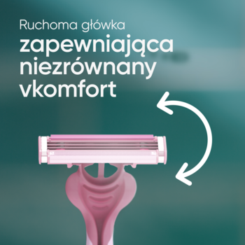 Różowa maszynka Gillette Venus Simply 3, zbliżenie na ruchomą główkę z ostrzami i tekst o komforcie.