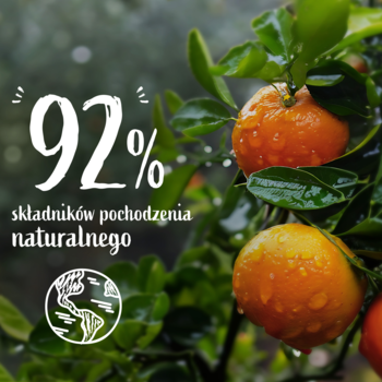 Żel Le Petit Marseillais Czerwona Pomarańcza: mokre owoce na gałęzi, liście. Napis '92% składników naturalnych'.