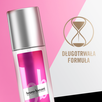 Bruno Banani Pure Woman dezodorant w różowej butelce ze srebrną nakrętką i napisem DŁUGOTRWAŁA FORMUŁA.