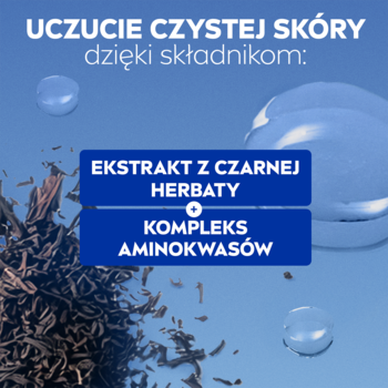 NIVEA płyn micelarny. Grafika: czysta skóra dzięki Ekstraktowi z czarnej herbaty i Kompleksowi Aminokwasów.