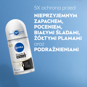 NIVEA Black & White antyperspirant roll-on 72h, biała butelka z czarną etykietą na niebieskim tle, z tekstem o 5x ochronie przed potem.