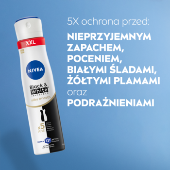 NIVEA Black & White Silky Smooth 250ml antyperspirant w sprayu, biało-czarny, na niebieskim tle, 5x ochrona.