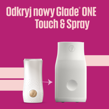 Ewolucja Glade ONE Touch & Spray: starszy i nowy biały odświeżacz powietrza z suchą mgiełką obok siebie.