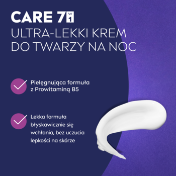 CARE 7 Ultra-Lekki Krem do Twarzy na Noc z Prowitaminą B5. Lekka formuła, biała smuga kremu na fioletowym tle.