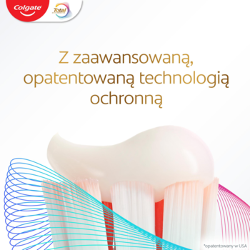 Colgate Total Active Prevention: pasta na szczoteczce z dynamicznymi, kolorowymi liniami ilustrującymi opatentowaną technologię ochronną.