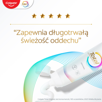 Colgate Total Original pasta do zębów w białej tubce, wyciśnięta, z falami i cytatem o świeżości.
