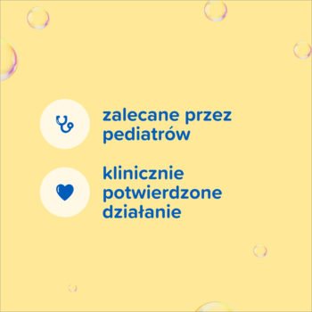Żółta grafika Johnson’s płyn do mycia: stetoskop (zalecane przez pediatrów), serce (klinicznie potwierdzone działanie).