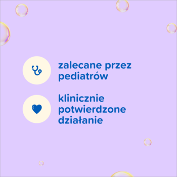 Grafika Johnson's szampon na dobranoc: "zalecane przez pediatrów" i "klinicznie potwierdzone działanie" na fioletowym tle.