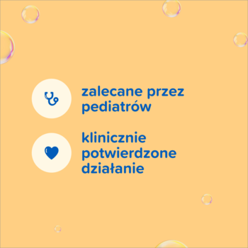 Johnson's szampon: grafika z atestami, zalecane przez pediatrów, klinicznie potwierdzone działanie na żółtym tle.