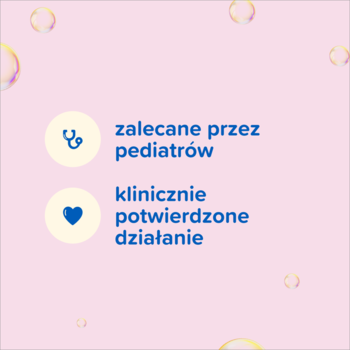 Grafika: ikony 'zalecane przez pediatrów' i 'klinicznie potwierdzone działanie' szamponu Johnson's.