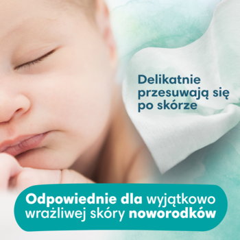 Pampers Harmonie Aqua, śpiący noworodek i miękka chusteczka na tle. Napis „dla wrażliwej skóry noworodków”.