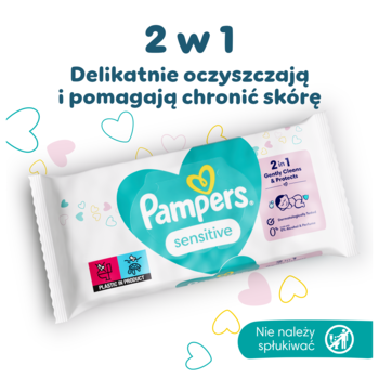 Białe opakowanie chusteczek Pampers Sensitive, bezzapachowych, z sercem i napisem „2w1 Delikatnie oczyszczają”.