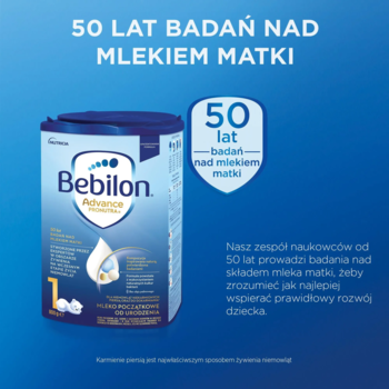 Bebilon 1 Advance Pronutra, niebieskie opakowanie mleka początkowego. Widoczny napis: 50 lat badań nad mlekiem matki.