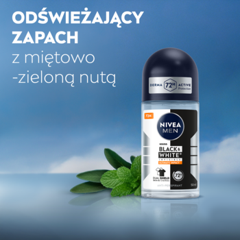 NIVEA MEN Black & White Ultimate Impact antyperspirant roll-on, czarno-biała butelka, z nutą mięty.