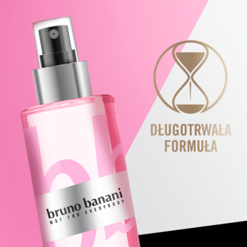 Różowa mgiełka do ciała Bruno Banani Pure Woman w butelce z atomizerem, widoczny złoty znak długotrwałej formuły.
