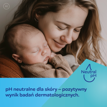 Kobieta przytula dziecko; płyn Canpol babies pH neutralny dla skóry, pozytywny wynik badań dermatologicznych.