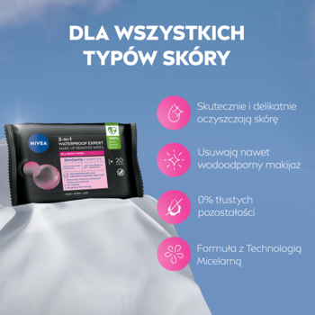 NIVEA MicellAIR chusteczki do demakijażu, czarne opakowanie z różowymi detalami, do wszystkich typów skóry.